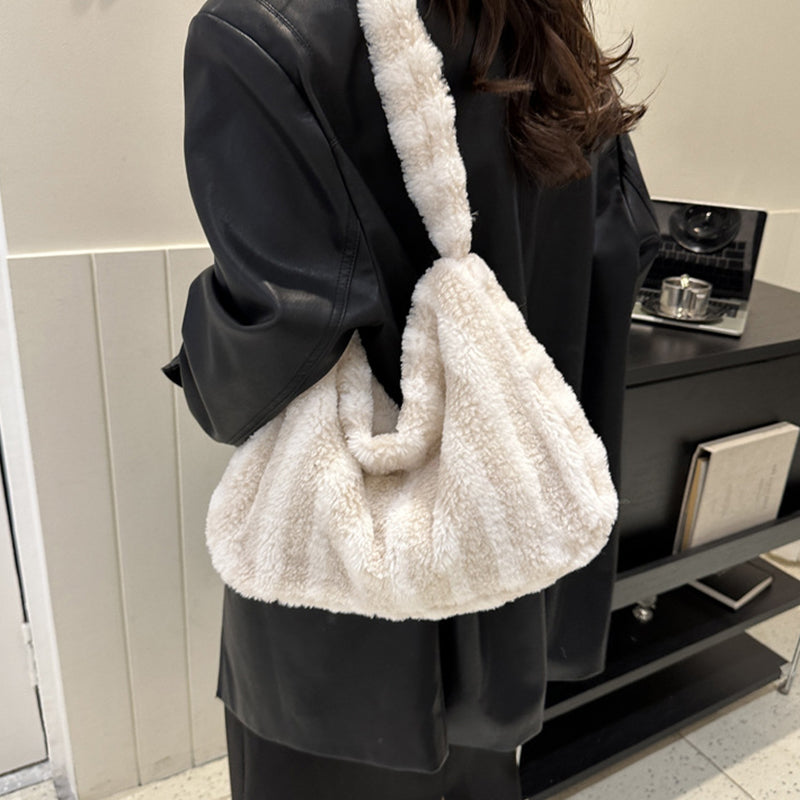 Large-capacity Striped Plush Bag Winter New Fashion Portable Tote Shoulder Bags Shopping Furry Handbags For Women - Fashionner