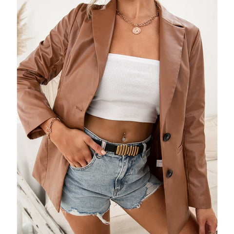 Blazer-top en similicuir PU pour femme