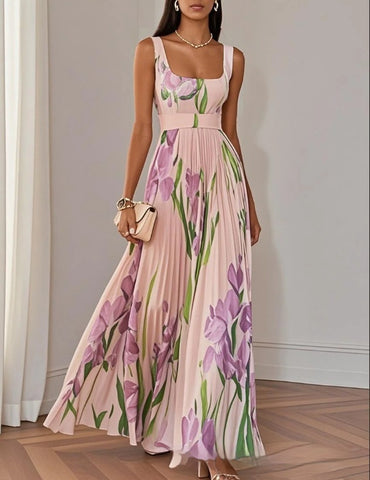 Floral Print Pleated Dress Summer A-Line Sleeveless Midi Dresses Women'S Clothing
