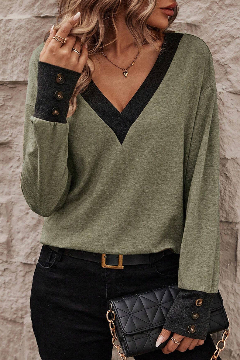 Women's Fashion Casual Loose-fitting V-neck Long Sleeves T-shirt - Fashionner