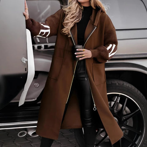 Trench-coat long pour femme avec capuche, poches et cordon de serrage, manches tricotées, couleur unie, pour l'automne et l'hiver