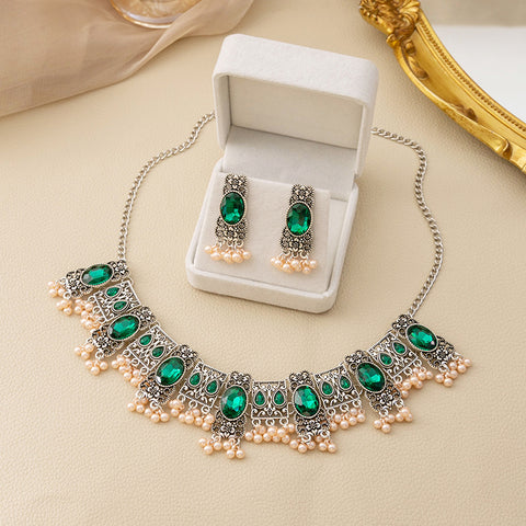 Buy Vintage Emerald Earrings Ethnic Style Square Tassel Bead Pendant Jewelry Suit online at Fashionner.