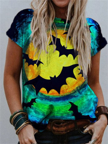 Women's T-shirt Summer Irregular Digital Printing Fashion Loose V-neck Color Short Sleeve Top - Fashionner