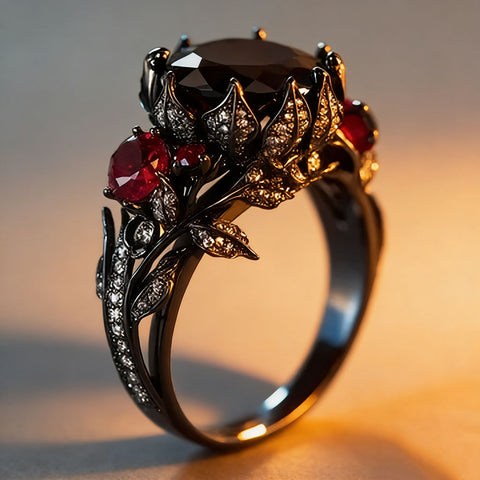 Buy Ruby-Red Vintage Floral And Leaf Ring Dark-Themed Style online at Fashionner.