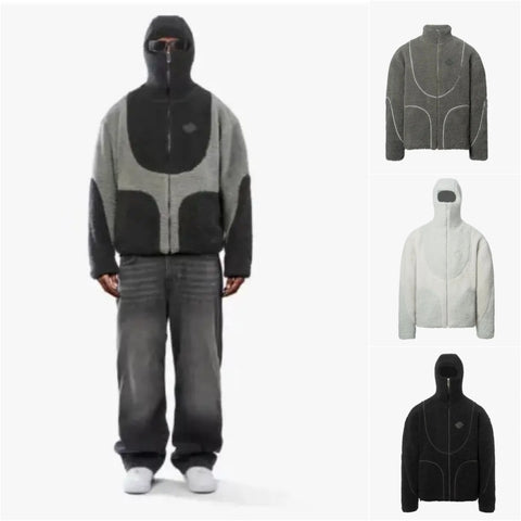 Veste à Capuche Zippée en Laine d'Agneau pour Homme, Sweat-shirt Décontracté avec Motif Lignes Patchwork