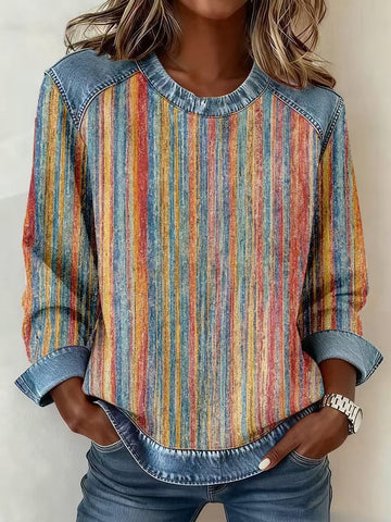 Sweat-shirt en jean patchwork, mode, col rond, pull unique, haut de chemise à manches longues, vêtements pour femmes