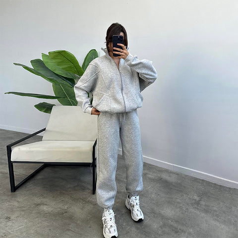 Survêtements de sport pour femme avec poches, veste zippée à col montant et pantalon à cordon de serrage, ensemble de jogging mode