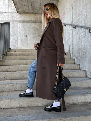 Buy Double-Breasted Lapel Split Jacket With Belt Winter Fashion Casual Long Sleeve Button Daily Coats For Women Clothing online at Fashionner.