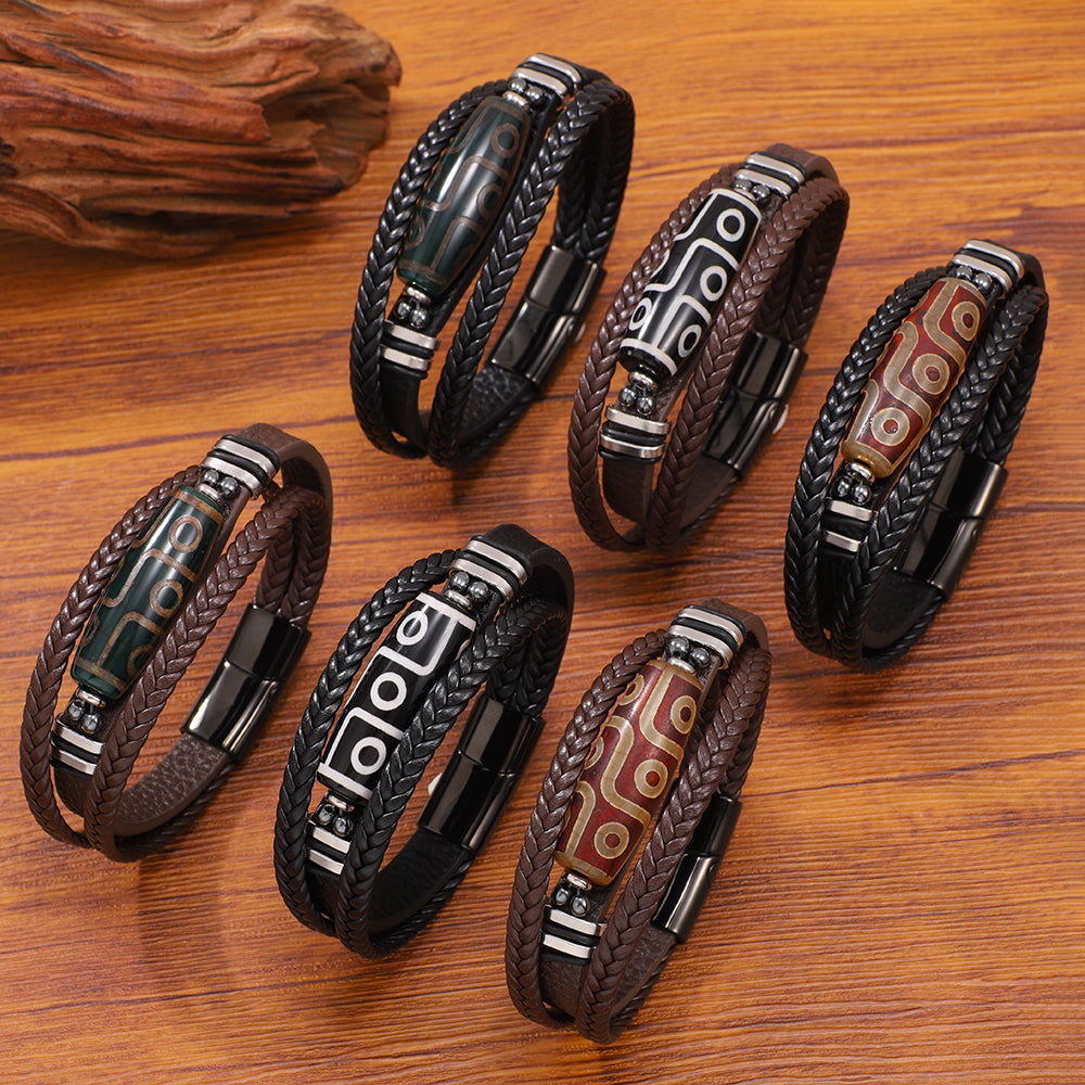 Buy Hand-Woven Men'S Leather Bracelet With Stainless Steel Nine-Eyed Dzi Beads online at Fashionner.