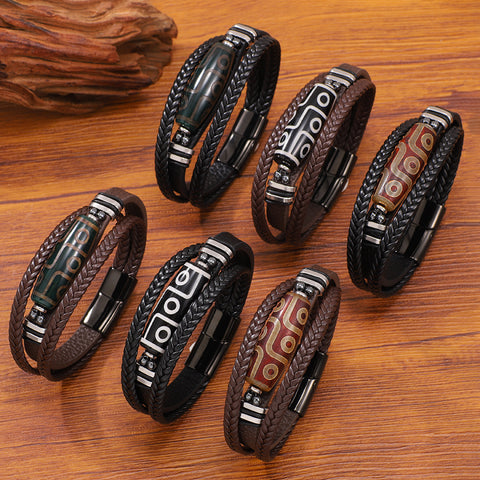 Buy Hand-Woven Men'S Leather Bracelet With Stainless Steel Nine-Eyed Dzi Beads online at Fashionner.