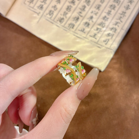 Buy 1Pcs 999.9 Sterling Silver Gold-Plated Floral Enamel Ring, Luxury Retro Style, Ideal For Birthdays & Holiday Gifts online at Fashionner.