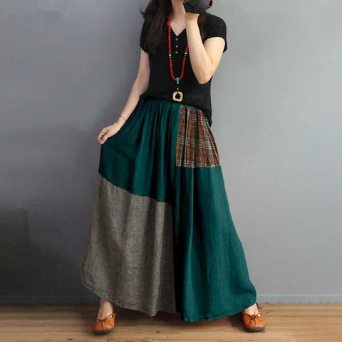 Retro Artistic Style Loose Elastic Waist Color Matching Cotton And Linen Skirt Slimming A- Line Skirt - Fashionner
