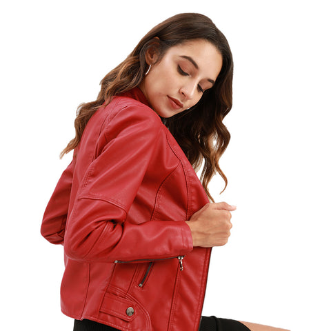 Vestes en cuir zippées pour femmes Mode couleur unie Poches Col montant Vêtements d'extérieur