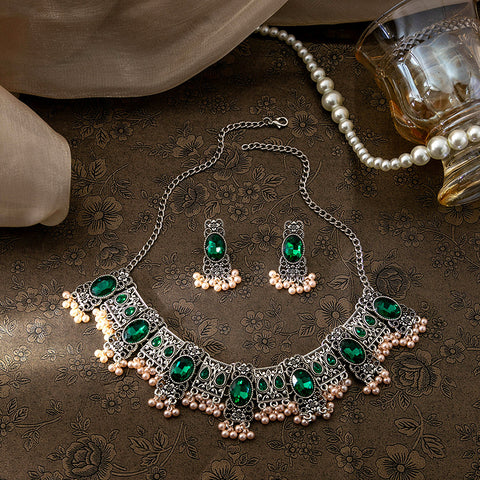 Buy Vintage Emerald Earrings Ethnic Style Square Tassel Bead Pendant Jewelry Suit online at Fashionner.