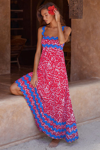 Flowers Print Wavy Pattern Suspender Long Dress For Women Fashion A-Line Beach Dresses Womens Clothing - Fashionner