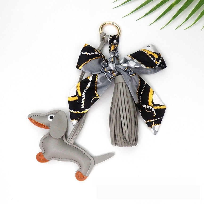 Tassel Leather Sausage Dog Pendant Bag Ornament Silk Scarf Keychain Schoolbag Pendant