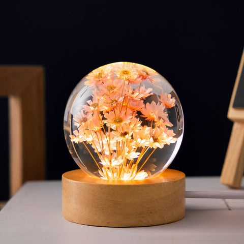 Veilleuse LED Fleur Boule de Cristal Lampe de Nuit pour Enfants avec Base en Bois Lumière Ambiante de Chambre Cadeau Créatif Veilleuse