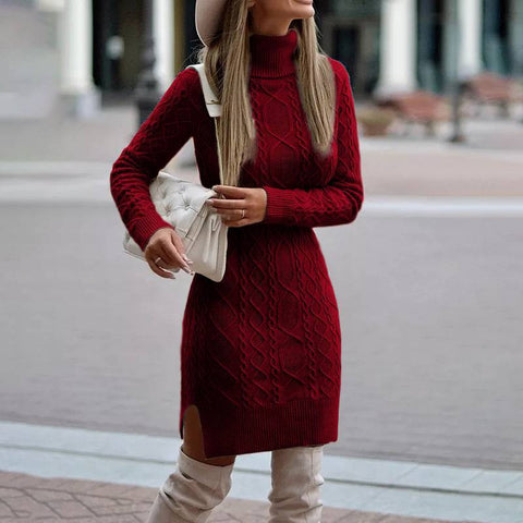 Robe pull à col roulé tricotée tendance avec fente, pull long uni chaud d'hiver pour femme