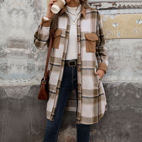 Nouveau manteau long à carreaux brossé avec poches Veste d'hiver tendance Vêtements d'extérieur pour femmes