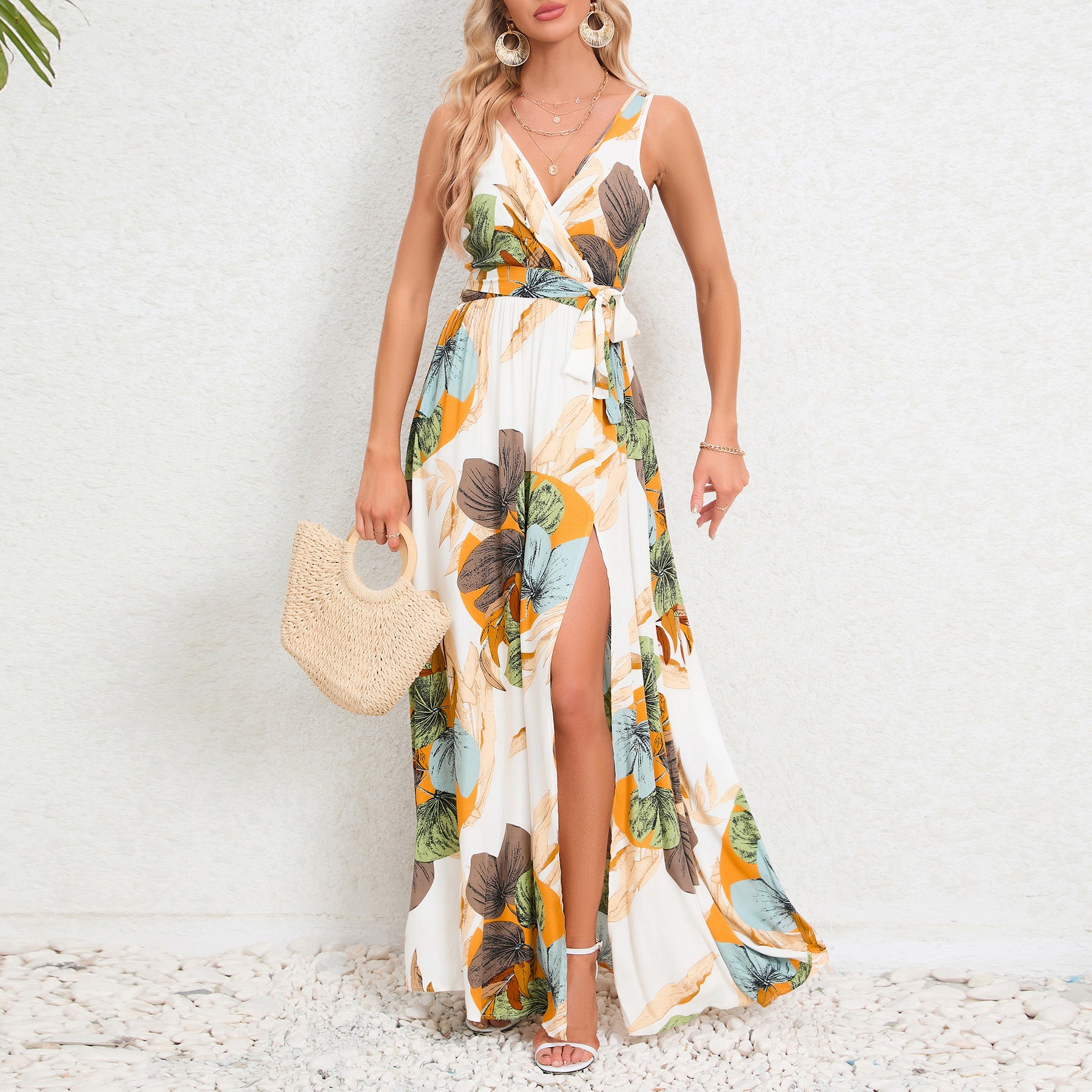 V-neck Floral Print Long Dress Summer Fashion Waist Tie Slit Design Sleeveless Dress For Womens Clothing - Fashionner
