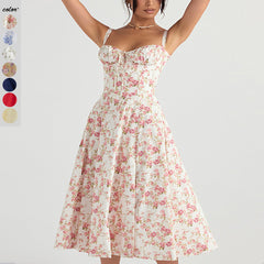 New Women's Floral Print Dress With Straps - Fashionner