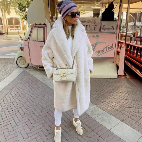 Manteau en Polaire d'Agneau à Revers avec Poches, Manteau en Fausse Fourrure Hiver Chaud Épais Long Coupe-vent Vêtements pour Femmes