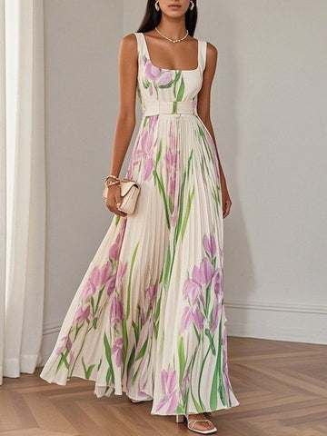Floral Print Pleated Dress Summer A-Line Sleeveless Midi Dresses Women'S Clothing