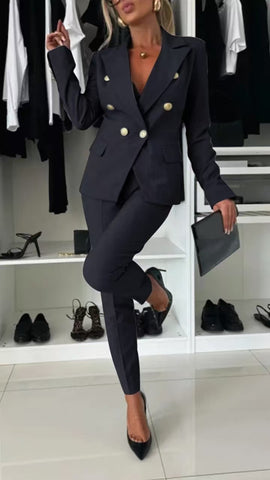 Casual Blazer Suit Slim Lapel Double-breasted Jacket And Zip-up Trousers Women's Clothing