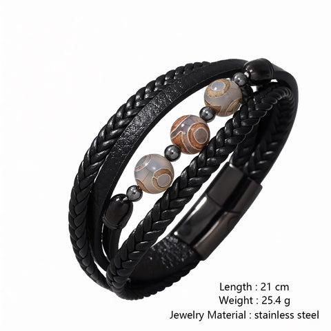 Buy Stainless Steel Three-Eyed Dzi Bead Hand-Woven Men'S Leather Bracelet online at Fashionner.