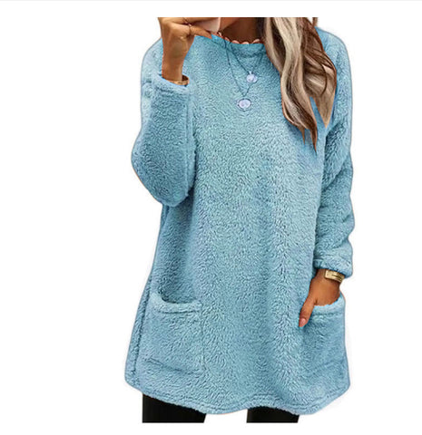 Sweat-shirt pull polaire long pour femmes avec poches Hiver chaud Épaissir Sweatershirt Décontracté Manches longues Peluche Hauts Manteau à capuche Streetwear Tenues amples d'automne Hauts à capuche
