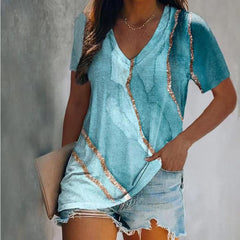 Women's T-shirt Summer Irregular Digital Printing Fashion Loose V-neck Color Short Sleeve Top - Fashionner