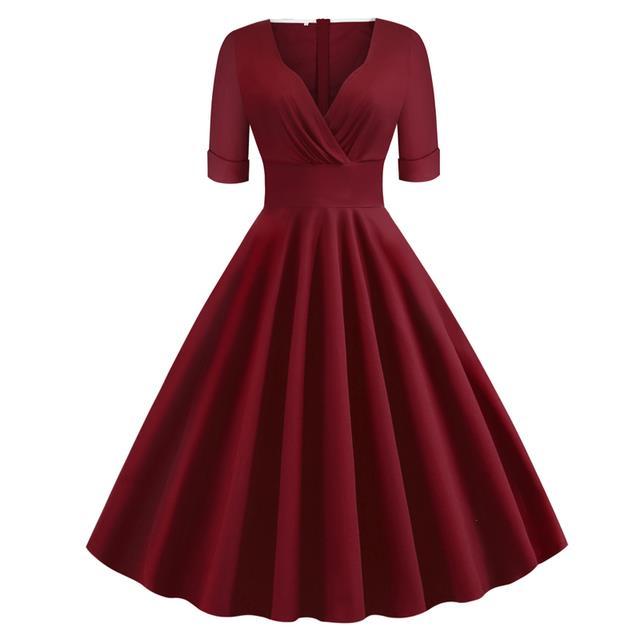 Green Solid Rockabilly S Vintage Ruched V Neck Party Dresses - Fashionner