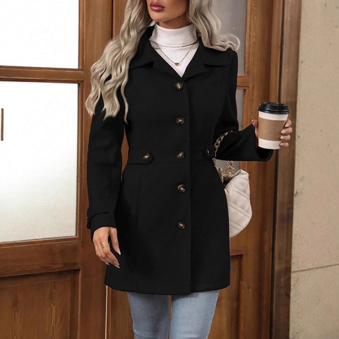 Buy Elegant Single-Breasted Woolen Coat Buttons Lapel Mid-Length Jacket Temperament Commuter Outwear Clothing For Women online at Fashionner.