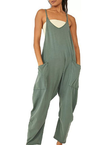 Summer Women's Loose Sleeveless Jumpsuits Spaghetti Strap Long Pant Romper Jumpsuit With Pockets Zipper - Fashionner