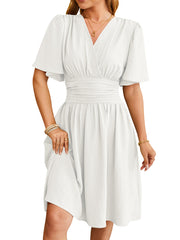 V-neck Short-sleeved Dress Fashion Bell-sleeved Dress Summer Womens Clothing - Fashionner