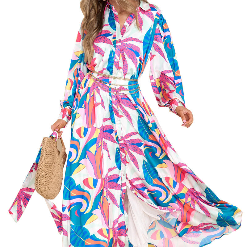 New Printed Dresses Long-sleeved Polo Collar Oversized Hem Dresses Women - Fashionner