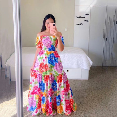 Robe longue florale élégante sans épaules pour femme