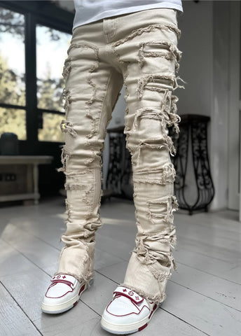 Men Trousers Individual Patched Pants Long Tight Fit Stacked Jeans For Mens Clothing - Fashionner