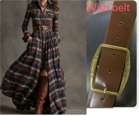 Ins Plaid Print Long-Sleeved Dress Fashion Pockets Collared Buttons Shirt Long Dresses Retro Women's Clothing