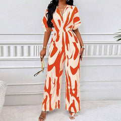 V-neck Loose Printed Long Jumpsuit - Fashionner