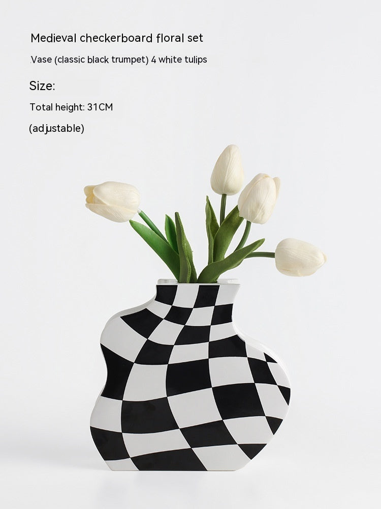 Ins Simple Chessboard Grid Ceramic Vase Living Room Bedroom Hydroponic Flower Vase Home Decoration Ornaments