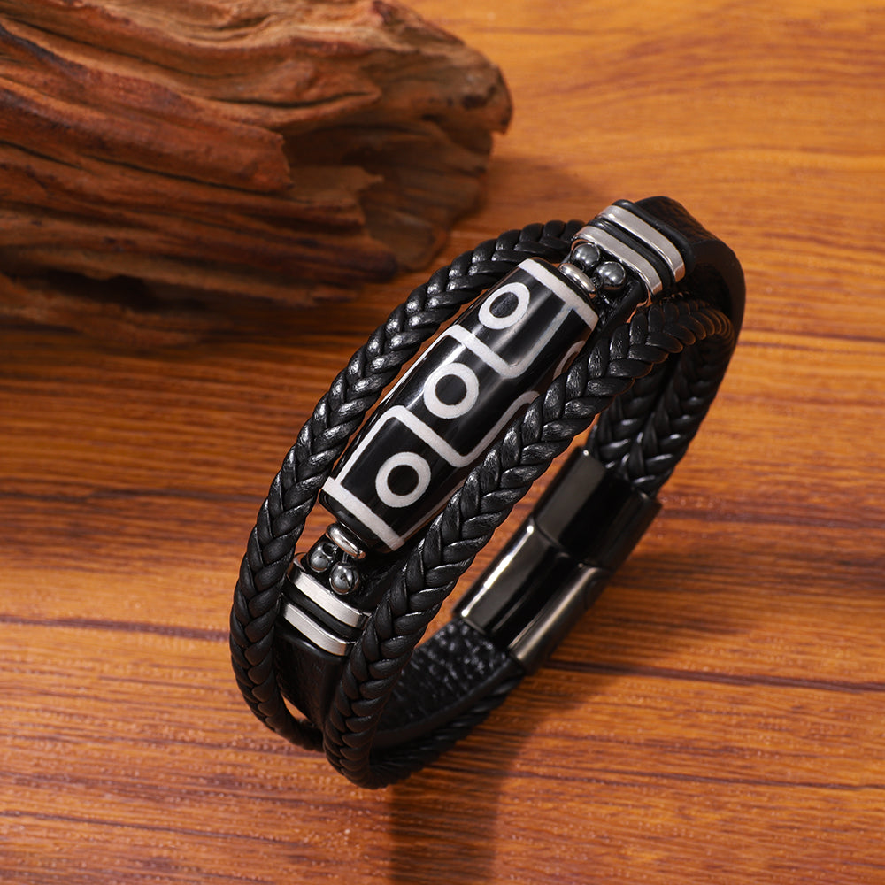 Buy Hand-Woven Men'S Leather Bracelet With Stainless Steel Nine-Eyed Dzi Beads online at Fashionner.
