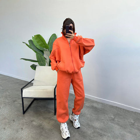 Survêtements de sport pour femme avec poches, veste zippée à col montant et pantalon à cordon de serrage, ensemble de jogging mode