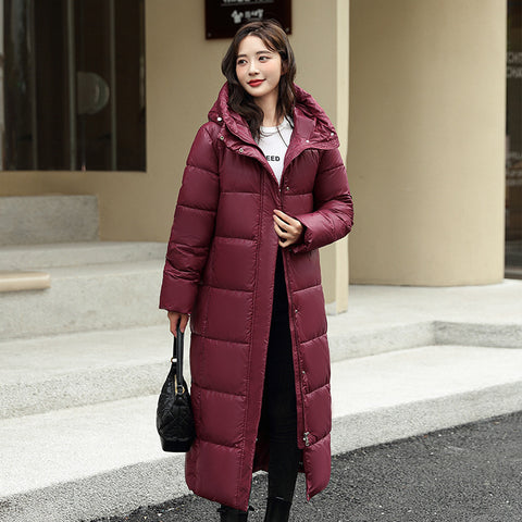 Manteau d'hiver en duvet super long pour femme, doudoune épaisse noire et rouge avec capuche, fermeture éclair, pour rester au chaud en automne et en hiver, tenue décontractée