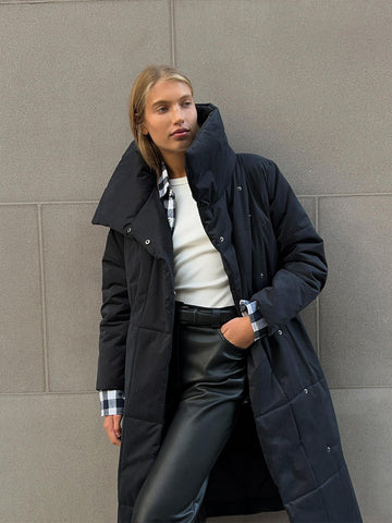 Manteau long à grand revers pour femme, veste d'hiver chaude en coton avec poches et design à lacets, manteau épais décontracté de couleur unie pour vêtements d'extérieur