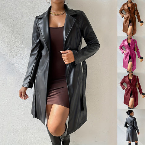Veste en cuir PU à manches longues et revers avec poches, coupe ajustée, long trench-coat pour femmes