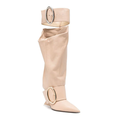 High-profile Wedge Sleeve Pointed Slip-on Strap Large Fastener Boots - Fashionner