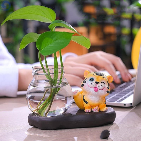 Ornement souvenir Tigre de l'Année du Tigre Vase hydroponique de bureau en verre