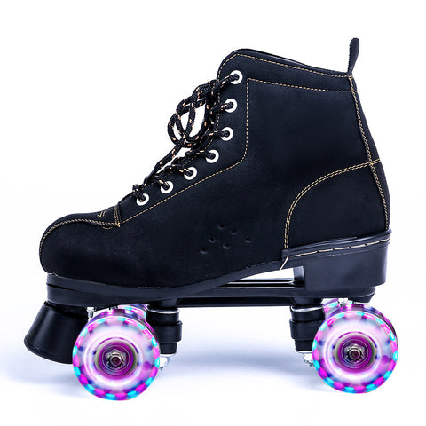 Chaussures de patins à roulettes noires en cuir 4 roues doubles rangées