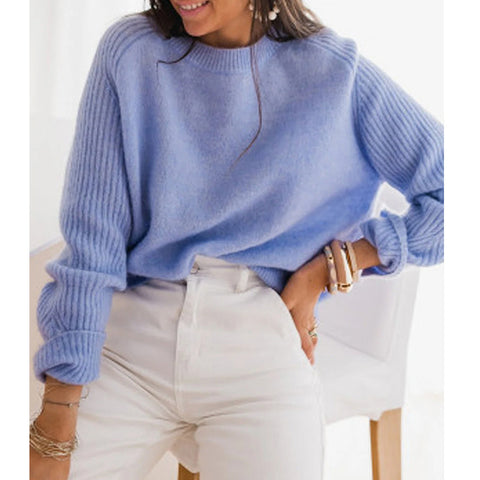 Pull en maille ras du cou à manches longues en velours côtelé bleu lait européen pour femme - Vêtements décontractés tricotés à la mode - Haut tricoté - Vêtement d'extérieur